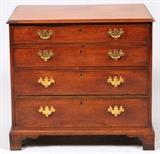 Lot#1070, ENGLISH MAHOGANY CHEST OF FOUR DRAWERS, 18TH C., H 33", W 34"Depth 20 1/4". Bracket feet. Drawers with cockbeaded edges. Original oak back with some old square nails. Attractive. From the collection of Dr. Marion Scott and Ann Scott, Grosse Pointe Shores.