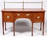 Lot#1069, SCOTTISH MAHOGANY SIDEBOARD, C. 1820, H 37", W 60"Satinwood inlay. Depth 27". Two drawers, ( one deep cellarette) one door. Height 37" plus 12" brass back rail. Straight tapered legs with cuffs. Locks are stamped "RC & S" and "Secure Lever". From the collection of Dr. Marion Scott and Ann Scott, Grosse Pointe Shores.