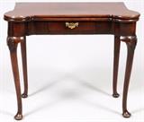 Lot#1075, ENGLISH QUEEN ANNE MAHOGANY CARD TABLE, 18TH C., H 29", W 34"Gate leg. Back legs swing out to support leaf. Having turret corners. Depth 16.5". Opens to square card table size, 33". Drawer in frieze.  attractive shell carving on cabriole knees. From the collection of Dr. Marion Scott and Ann Scott, Grosse Pointe Shores.
