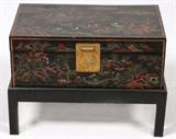 Lot#1089, CHINESE LACQUER TRUNK ON STAND, H 10", L 26"Depth 15". Trunk is 10" and sits on a frame that is 10" high, making total height 20". Heavy brass hasp, lock and side handles. Motif of pavilions and landscape. Circa late 19th century. From the collection of Dr. Marion Scott and Ann Scott, Grosse Pointe Shores.