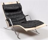 Lot#1091, ALFRED KILL INTERNATIONAL, FK 87 GRASSHOPPER CHAISE LONGUE, H 32", W 29", L 58"A circa 1968 "Grasshopper" chaise longue, model FK-87.  Chrome-plated frame, having a leather cushion and headrest.  Designed by Preben Fabricius and Jorgen Kastholm; manufactured by Alfred Kill, Denmark.  No apparent markings.