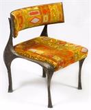 Lot#1092, PAUL EVANS (AMERICAN, 1931-1987) FOR DIRECTIONAL FURNITURE SCULPTURED METAL OCCASIONAL CHAIR, C. 1970S.Bronze resin over steel. Velvet upholstery with double welt. Purchased at Merchandise Mart, Chicago. Not signed.  Probably PE-117.