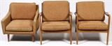 Lot#1096, DUX STYLE MID-CENTURY MODERN CHAIRS, THREE.Including a pair of teak wood arm chairs H26. L 27", D 30" accompanied by an upholstered arm chair.  All upholstered in the same brown fabric.