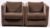 Lot#1101, CONTEMPORARY UPHOLSTERED CLUB CHAIRS, PAIR, H 32", W 35"A pair of square form upholstered chairs with high arms and backs.  Each measures H.32" x 35" x 39".  Not labeled.