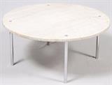 Lot#1103, ERWIN & ESTELLE LAVERNE TRAVERTINE COFFEE TABLE, H 16", DIA 36"Having a travertine top with chromed legs.