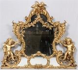 Lot#1112, ROCOCO STYLE GILT GESSO & CARVED WOOD MIRROR, 43" X 48"Carved with two birds at the crest, flanked by putti, each holds a sprig.