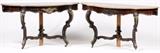 Lot#1116, LOUIS XV STYLE BRONZE-MOUNTED ROSEWOOD CONSOLE TABLES, PAIR, H 29", W 53", D 17 1/2"Each shaped top is raised on two scroll supports joined by stretchers and centered by an urn-form ornament, mounted with bronze ormolu.