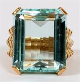 Lot#1227, 19CT NATURAL AQUAMARINE & 14KT YELLOW GOLD RING, H 3/4", SIZE 7.Having a central 19ct natural emerald cut aquamarine with a 14kt yellow gold Greek key style setting.  Weighing approximately 11.2 grams.