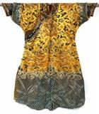 Lot#1268, CHINESE EMBROIDERED YELLOW SILK DRAGON ROBE, C. 1900, L 52"Golden yellow ground featuring three dragons at the front, three dragons at the back and one at each shoulder, each with five claws and chasing flaming pearls amidst multicolored stylized clouds.  Measures L.29" from shoulder to sleeve, and L.52" approximately overall.