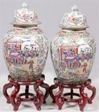Lot#1270, CHINESE ROSE MEDALLION PORCELAIN COVERED URN, H 25", DIA 14", PLUS ANOTHER (AS IS. Depicting reserves of Emperor and attendants. On teakwood stands.
