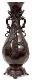 Lot#1294, DOUBLE HANDLED BRONZE PEDESTAL VASE, H 25", DIA 10"Featuring dragon form handles and overall bird and flower motif.