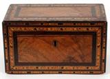 Lot#1333, ENGLISH WALNUT & FRUITWOODS TEA CADDY, C. 1820, H 4", L 7 3/4"Delicate inlay work  Measures .4 1/2" x 7 3/4" x 4 1/4".