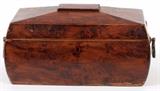 Lot#1334, ENGLISH BURL WALNUT TEA CADDY, 19TH C., H 7", L 11"Large prominent brass handles. Interior tea wells have covers.  Measures H.7" x 11" x 6".