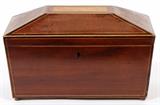 Lot#1335, ENGLISH MAHOGANY TEA CADDY, 19TH C., H 7", L 11"Satinwood string inlay. No inside covers to tea wells.  Measures H.7" x 11" x 6".