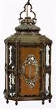Lot#1352, MOORISH STYLE METAL HANGING LANTERN, H 16", W 8"With canted corners, 4 lights, 14 glass panels, and metal access door.