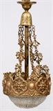 Lot#1353, GILT METAL & CRYSTAL CHANDELIER, H 25", DIA 11"A gilt metal chandelier with crystal beads at the bottom.