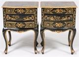 Lot#1374, CHINOISERIE THREE-DRAWER END TABLES, PAIR, H 22", W 15"The ebony and gilt three drawer end tables feature claw feet and Asian themed designs.  Each with a fitted glass top.  Measures H.22 1/2" x 15 1/2" x 11 3/4".