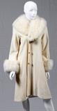 Lot#1397, WINTER WHITE WOOL BLEND COAT WITH FOX COLLAR, L 41"For Elder-Beerman of Dayton, with three faux buttons and two pockets.