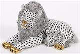 Lot#1406, HEREND PORCELAIN FIGURE GROUP, H 5"A lion with a lamb in black fishnet pattern, measuring H.4 3/4" x 8 1/2".  Signed at the underside.