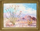 Lot#11, RICHMOND, OIL ON CANVAS BOARD, H 12", L 16", SOUTHWEST LANDSCAPE. A landscape with desert flowers and mountains in the background.  Signed lower right "Richmond".  Framed.