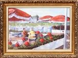 Lot#12, KAY DUNN, OIL ON CANVAS, H 24", L 36", SUMMER HARBOR LANDSCAPE..Depicting a couple seated at a table, under an umbrella, with boats in a harbor and residences in the background.  Signed lower right.  Framed.