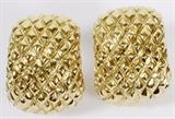 Lot#19, 18KT YELLOW GOLD HOOP EARRINGS, PAIR, H 7/8"A pair of 18kt gold hoop earrings, having a stylized basket weave design.  With omega back closures.  Weighing approximately 22.4 grams.