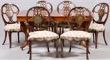 Lot#26, ROBERT IRWIN FURNITURE (GRAND RAPIDS, MI.) INLAID AND HAND PAINTED DINING ROOM SET 11 PCS.Mahogany and hand painted dining set including 1 dining table, 31" H. x 69" W. x 46" D, 1 arm chair, 5 side chairs, 1 sideboard, 35" H. x 60" L. x 19" D., 1 china cabinet, 77" H. x 52" W. x 16" D. and a pair of cabinets, 42"H. x 21" W. x 22" D. Hand painted oval medallions - Frank J. Davidhazy, (Hungarian-American 1901-1996). Dining table includes five leaves in a fitted crate, each measuring 11" W.