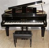 Lot#27, HALLET DAVIS & CO. BLACK EBONY BABY GRAND PIANO, H 39", W 58", L 59", DG16893..Hallet Davis & Co. Boston black baby grand piano with 2 benches. Inscribed on sound board: "DG16893" and "Made in China Certified by ISO9001: 2000". Stamped on wood frame: "2004032418". "Victor Piano and Organs" on front frame above right leg.