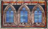 Lot#110, LEADED STAINED GLASS WINDOW, CIRCA EARLY 20TH C., H 22", W 38"Done in red, green, caramel, shades of blue and purple.  Overall size 22 7/8" x 38 1/8"