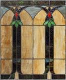 Lot#111, LEADED STAINED GLASS PANEL, CIRCA 1930'S, H 36", W 30"Flower design and colored in caramel, green, red and blue.