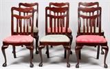 Lot#115, CHIPPENDALE STYLE MAHOGANY DINING CHAIRS, SIX PCS.Chippendale style having carved mahogany frames. Six chairs, four with matching upholstered seats. Two with same but different upholstery. Ball and claw feet.