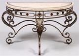 Lot#116, WROUGHT IRON AND MARBLE CONSOLE H 29", L 46", D 24"The console features a marble top and scroll legs with leaf forms.