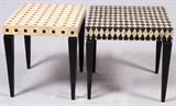 Lot#117, ART DECO STYLE END TABLES, TWO, H 22", W 23"Tables measure H 22 1/2", 23"square x L 24" x D 20".  One having a black square pattern on a white ground.  Second table having a black and white diamond craquelier pattern.  Square tapered legs.