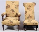 Lot#128, VICTORIAN MAHOGANY ARM CHAIR & LADY'S CHAIR.Arm chair is H 39", L 28", while the lady's chair is H 37". Each on casters and upholstered in fruit motif fabric.