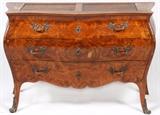 Lot#131, FRENCH MARQUETRY INLAID BOMBE COMMODE, 19TH C, H 34", L 52", D 21"No marble top. Having metal handles and escutcheons. All on cabriole legs. 34 1/2" H. x 51 3/4" W. x 21 1/4" D.