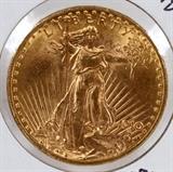 Lot#167, $20.00 WALKING LIBERTY/FLYING EAGLE, 1910-D, GOLD-COIN..Mintage 429,000 minted for Denver 1910 Gold Coin, mintmark is on obverse, above date. Grade MS-60 uncirculated. See additional Pictures and Close-up Photos. Scarce, weight 33.436 grams;  composition  .900 gold,  .100 copper (net weight:  .96750 oz. pure gold); diameter 34mm;  edge:  E PLURIBUS UNUM with words divided by stars; 