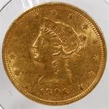 Lot#168, U.S. $10.00 LIBERTY HEAD GOLD-COIN, UNCIRCULATED, (NET WT. .48375 OZ. PURE GOLD), DIA 27MM..United States $10.00 coin; designer Christian Gobrecht;  Liberty head motto above eagle 1906-D; weight 16.718 grams; composition  .900 gold,  .100 copper (net weight:  .48375 oz. pure gold); diameter 27mm; reeded edge; mint: Denver. Hair lines over coronet are sharp; Curls under ear well defined; IN GOD WE TRUST and its ribbon sharp; No wear on wing tips; Excellent; No wear on eagles neck feathers; not mirror like; light blemishes;