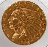 Lot#170, RARE INDIAN CHIEF WALKING EAGLE $2.50C GOLD COIN, WEIGHT: 4.18 G. NET WT. .12094 OZ. 1925-D, DIA 18MM..Designer  Bela Lyon Pratt;  weight 4.18 grams;  composition  .900 gold,  .100 copper  (net weight .12094 oz.  Pure gold);  diameter 18 mm;  reeded edge;  mint  Denver. Mintage: 578,000 Minted.