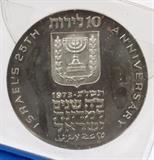 Lot#176, 1973 ISRAEL'S 25TH ANNIVERSARY STERLING SILVER PROOF COIN, IL 10 / DIAM: 37MM, WGT: 26G, RARE (1)Independence day - 1973  marked with 'mem' (o),  IL 10, silver 900; diameter: 37mm, weight: 26g  quantity minted: 41,500 coins. # C170 ,  Jerusalem Mint.