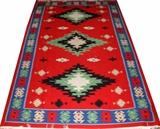 Lot#210, BESSARABIAN KILIM, HAND WOVEN, WOOL RUG, W 5' 4", L 8' 1"having one primary border with geometric designs, a red ground with three diamond shape medallions along with smaller medallions throughout the field.