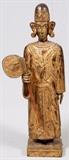 Lot#230, CHINESE, CARVED WOOD FIGURE, H 38", W 12"Carved gilt wood figure of a deity with a jeweled neckline and holding a removable jeweled staff. Integral base.