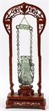 Lot#235, CHINESE CARVED SPINACH JADE HANGING COVERED VASE WITH JADE CHAIN, H 10" TOTAL, H 5" VASE ONLY..Rosewood harp form wood stand, H 17"