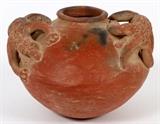 Lot#334, PRE-COLUMBIAN, TERRACOTTA POT, H 6", W 4"With lizard form handles. DuMouchelles does not guarantee the age of this article. Please preview in person and make determination.