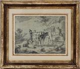 Lot#2003, SIGNED NICOLAES BERCHEM, HAARLEM, 17TH.C., DRAWING, H 9.5", L 12",Nicolaes Berchem (Dutch, 1620-1683).  Brush and gray wash on blue paper.  From a prominent Bay City, MI. collector.