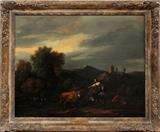 Lot#2004, ATTRIBUTED TO NICOLAES BERCHEM (DUTCH, 1620 - 1683), OIL ON CANVAS, H 26", L 33", PASTORAL LANDSCAPE..26" x 33 3/4".  Signature lower right. Landscape in the Italian Tyrol. Mountains with snow in background, a Martello square tower to right.  Purchased in 1988 from J. O'Reilly, Dublin, Ireland.
