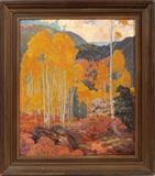 Lot#2005, CARL REDIN (AMERICAN, 1892-1944), OIL ON CANVAS, ASPENS IN FALL, H 28", W 24"Signed lower right, 31" x 35" with frame.
