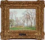 Lot#2011, J. E. H. MACDONALD (CANADIAN 1873-1932), OIL ON ARTIST BOARD, H 10", L 12.5", "FIELDS NEAR AURORA"James Edward Hervey MacDonald [Canadian, 1873-1932].  Depicting a fall landscape with birch trees.  Initialed and dated lower right.  Titled on plaque on the frame. James Edward Hervey MacDonald (May 12, 1873 - November 26, 1932), known as J. E. H. MacDonald, was a Canadian artist and one of the founders of the Group of Seven who initiated the first major Canadian national art movement.  Purchased directly from the artist in 1923.  The consignor's mother inherited the painting in 1969 from the estate of her godparents and her godparents family had owned it ever since it was purchased from the artist.
