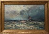 Lot#2013, ROBERT HOPKIN (SCOTTISH/AMERICAN, 1832-1909), OIL ON CANVAS, 1901, H 23", W 37"The Goodwin Sands Mouth of the Thames.  Signed lower right, dated "1901"; gilt period frame.
