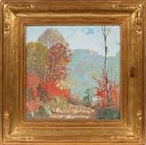 Lot#2012, CARL LAWLESS (AMERICAN 1894-1934), OIL ON CANVAS, H 15", W 15", "THE VALLEY ROAD"A fall landscape depicting a road in a valley.  Signed lower right. Title on reverse. Original wood frame.