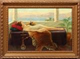 Lot#2022, ELOISE MEYERS OIL ON CANVAS, 1925, H 24", L 36", "SULTANA"Eloise Gladys Meyers [American, Early 20th C.].  Depicting a partially nude woman on a bed, lying on a tiger skin, next to a Turkish pipe with the Aegean Sea in the background.  Signed and dated, 4/20/25, lower right.  Framed.  Certificate of Copyright Registration in consignor file.